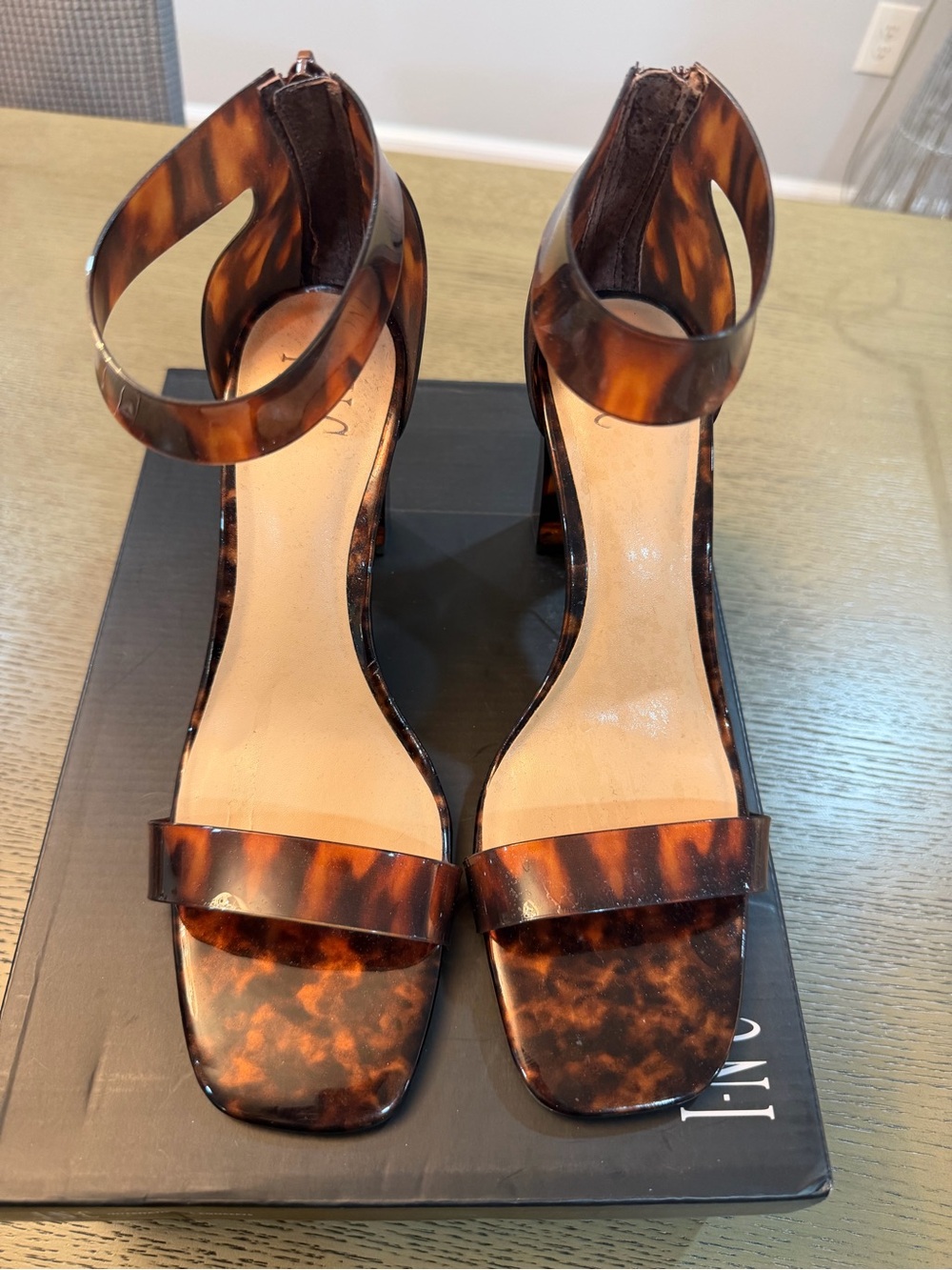 INC International Concepts Tortoiseshell Patent Ankle Strap Heels - Brown/Black